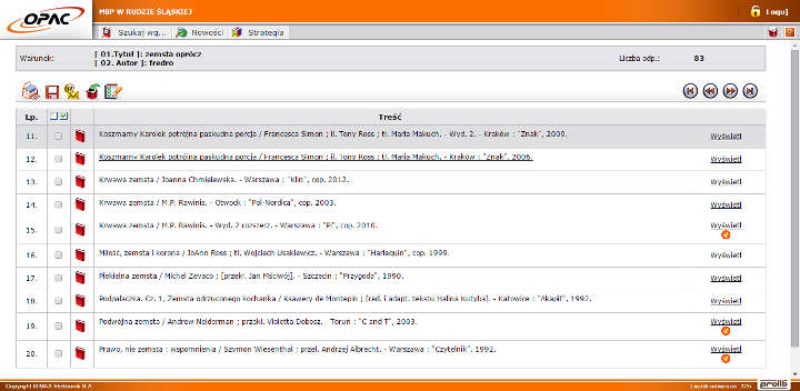 Widok z ekranu przedstawiający wyświetlenie się listy rekordów w katalogu on line MBP w Rudzie Śląskiej