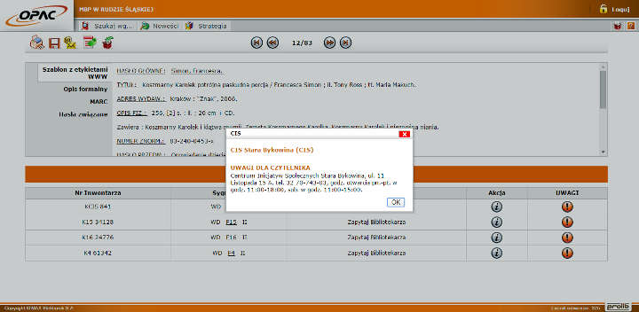Widok z ekranu przedstawiający informacje o placówce bibliotecznej w katalogu on line MBP w Rudzie Śląskiej