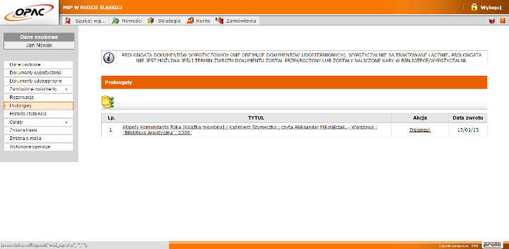 Widok ekranu przedstawiający zakładkę Prolongaty w katalogu on line MBP w Rudzie Śląskiej