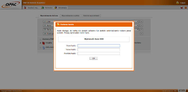 Widok z ekranu przedstawiający ekran zmiany hasła do katalogu on line MBP w Rudzie Śląskiej