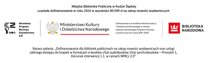 Od lewej Logo – Narodowego Programu  Rozwoju Czytelnictwa, Logo – Ministerstwa Kultury, Dziedzictwa Narodowego i Sportu z napisem po prawej stronie „Dofinansowano ze środków finansowanych Ministerstwa Kultury, Dziedzictwa Nagrobowego i Sportu w ramach realizacji Narodowego Programu  Rozwoju Czytelnictwa 2.0 na lata 2021 – 2025” oraz Logo – Biblioteki Narodowej