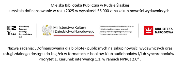 Od lewej Logo – Narodowego Programu  Rozwoju Czytelnictwa, Logo – Ministerstwa Kultury, Dziedzictwa Narodowego i Sportu z napisem po prawej stronie „Dofinansowano ze środków finansowanych Ministerstwa Kultury, Dziedzictwa Nagrobowego i Sportu w ramach realizacji Narodowego Programu  Rozwoju Czytelnictwa 2.0 na lata 2021 – 2025” oraz Logo – Biblioteki Narodowej