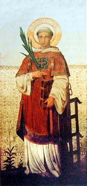 Reprodukcja obrazu mieszczącego się w kościele p.w. św. Wawrzyńca w Rudzie Śląskiej przedstawiająca postać św. Wawrzyńca